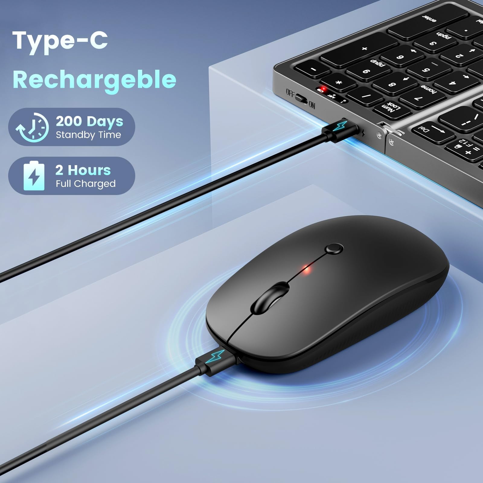 Portable Travel Keyboard and Mouse Combo, Folding Bluetooth Keyboard Mouse with Numeric Keypad for Laptop