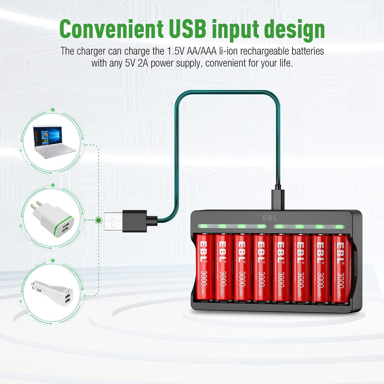 EBL Rechargeable Lithium AA Battery with Smart Battery Charger for Rechargeable Lithium Batteries (Charger+Batteries 8 Pack)