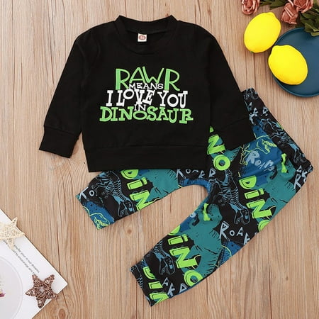 

THE WILD Casual Pretty Infant Baby Toddler Boys Long Sleeve Letter Print Top+Dinosaur Pants Outfit Set