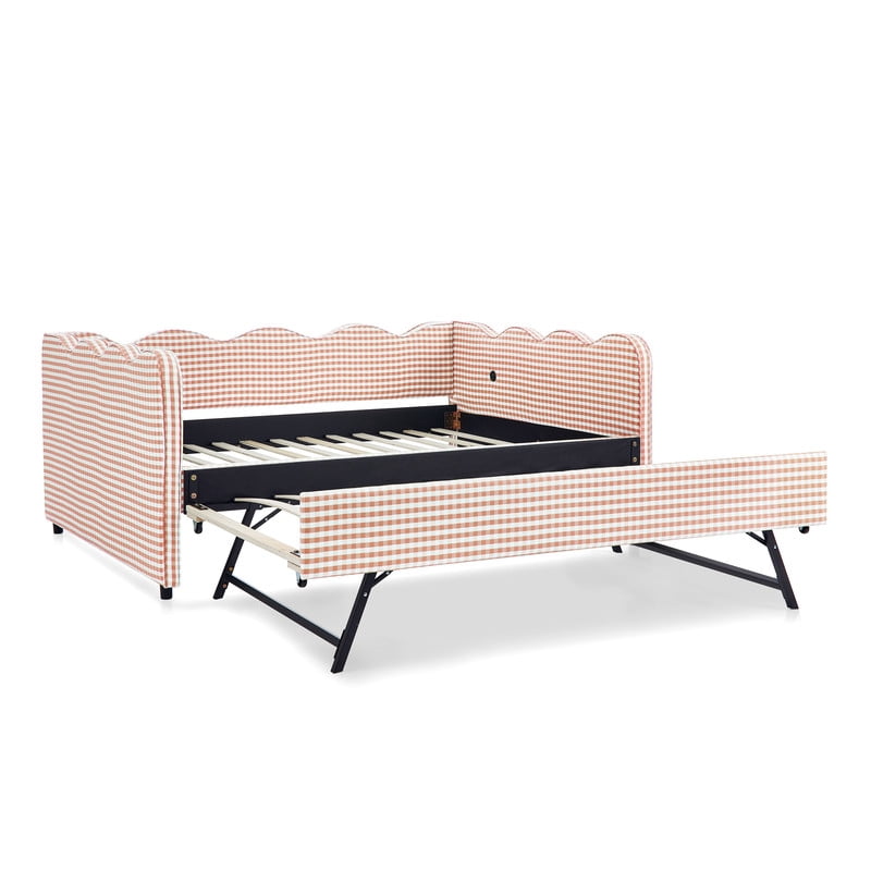 Full Size Upholstery Daybed with Trundle and USB, Full to King Design Wave Shaped Extendable Linen Sofa Bed, No Box Spring Required, for Living Room and Bedroom