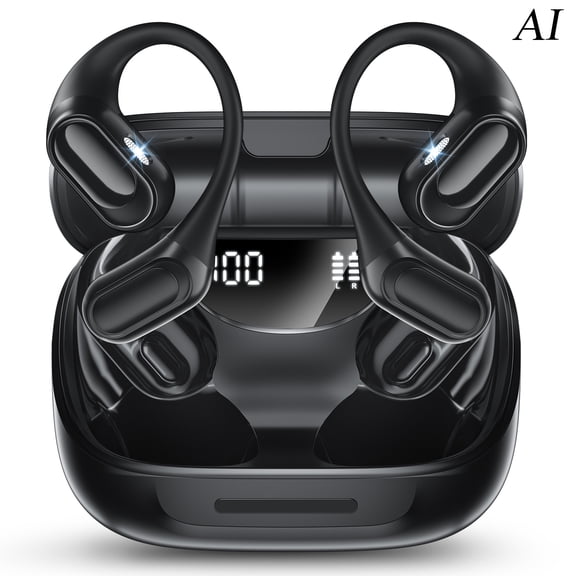AI Translation Open Ear Headphones with Earhook, Bluetooth 5.4 Bone Conduction Earbuds with 163 Languages, 67H Playtime IPX7 Waterproof for Office/Workout/Travel, Black