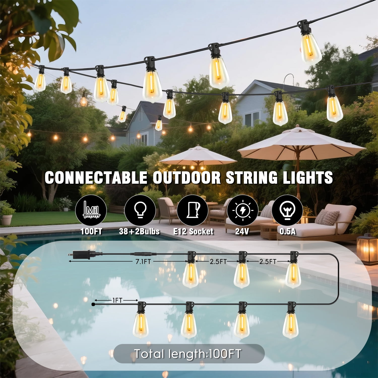 Outdoor String Lights 100FT, Patio Lights With Shatterproof ST38 Bulbs (2 Spare),With Remote Control + Adapter