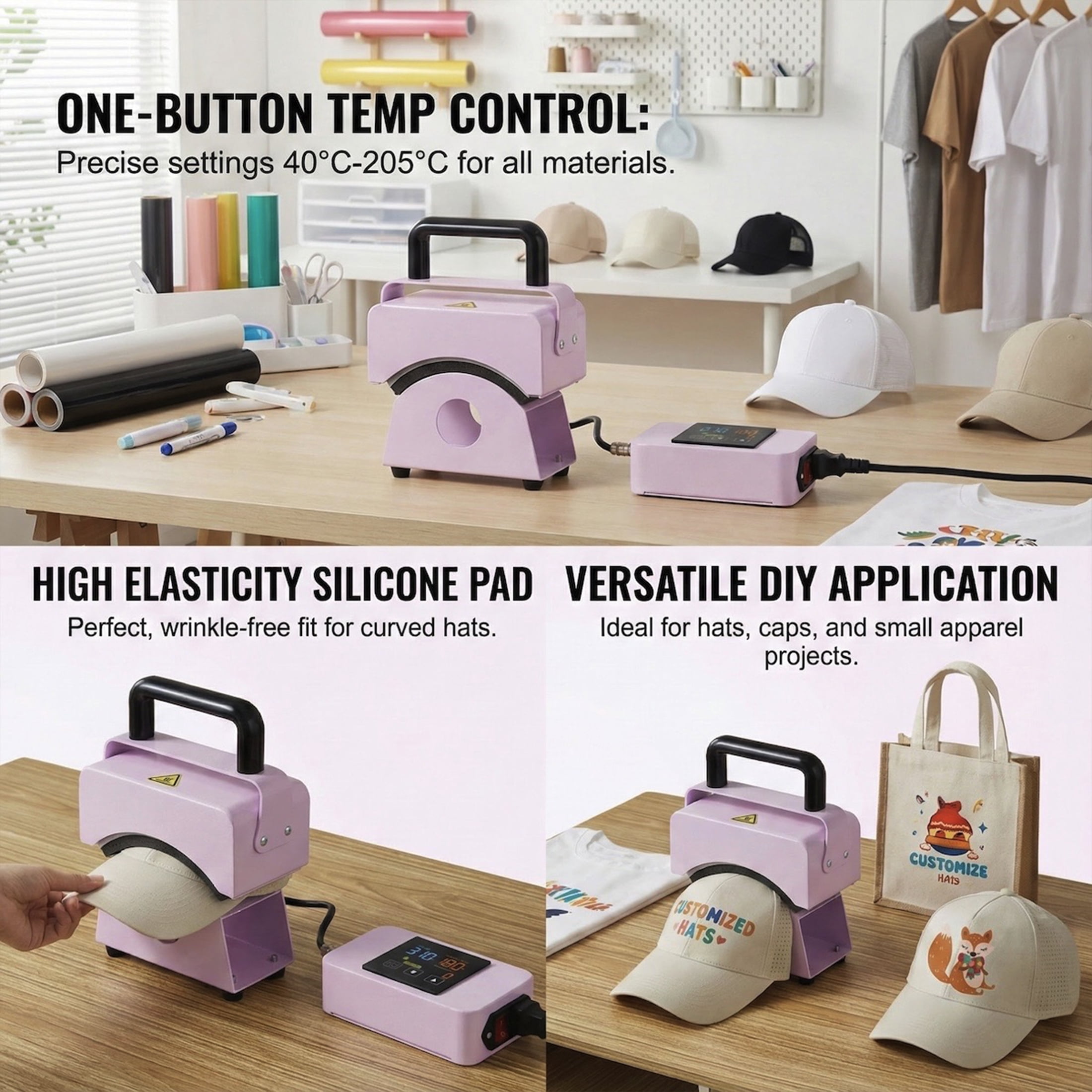 Mini Cap Heat Press, 5.9 x 3.15 Inch Curved Plate, Digital Control, 104‑401°F, Auto Shut‑Off, with Safety Base & Glove (Purple)