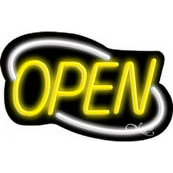 Deco Style Yellow Open With White Border LED Neon Sign 14" Tall x 22" Wide, Black Square Cut Acrylic Backing, with Dimmer - Bright and Premium built indoor LED Neon Sign for storefront.