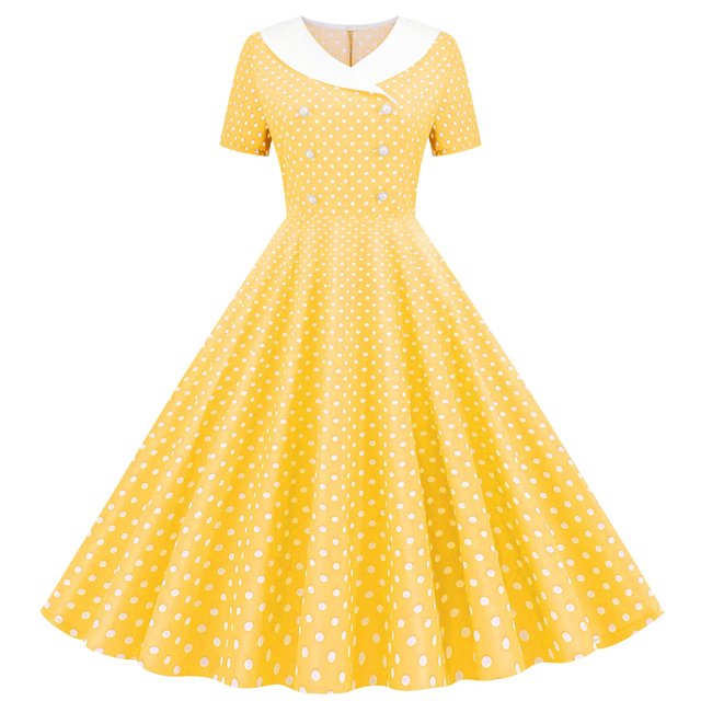Dvprdro Robe de Bal pour Femme Invitée de Mariage Mode Vintage à Pois Imprimée Manches Courtes Ligne A Évasée Cocktail Fête Robe Midi