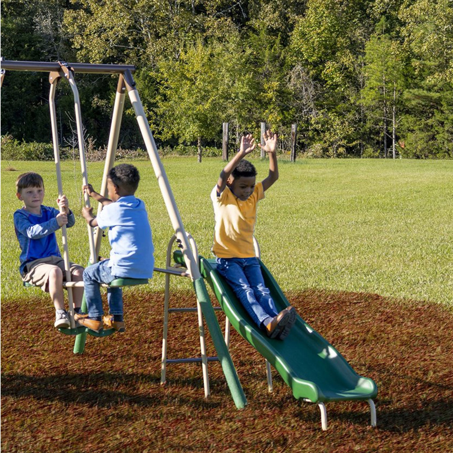 Crestview Swing Set by XDP Recreation with 2 Swing Seats, Stand R Swing, Wave Slide, Fun Glider, & See Saw - image 4 of 7