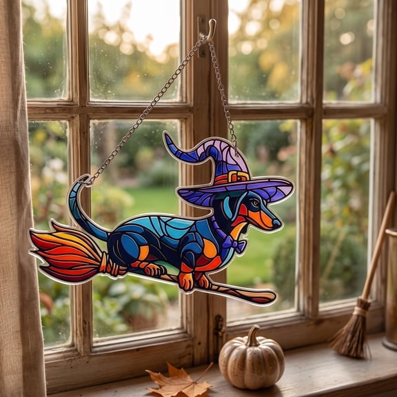 9'' Halloween Dachshund Sun Catcher Ornament, Acrylic Window Hanging, Sun Catchers for Windows Hanging Ornaments, Halloween Hanging Decoration, Ideal Gift