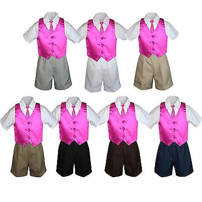 

4pc Set Boy Toddler Formal Fuchsia Pink Vest and Necktie Black Khaki Shorts S-4T
