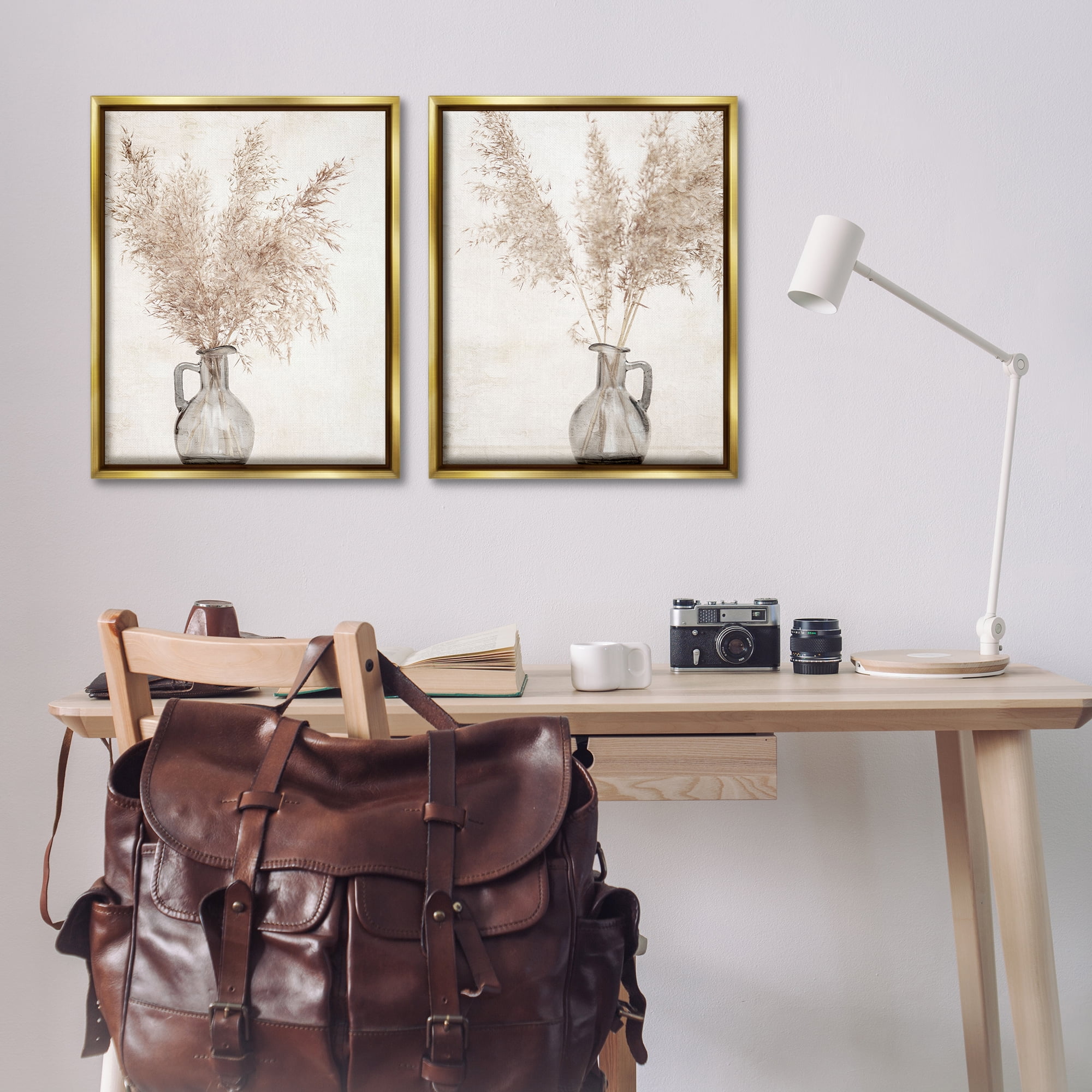 Stupell Industries Wild Pampas Stalks Vase Plants & Flowers Photography Gold Floater Framed Canvas Art Print Wall Art, 31 x 25, Set of 2