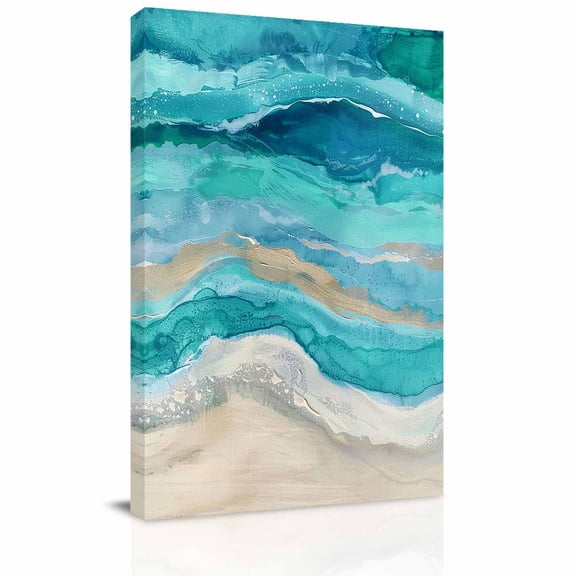 Canvas Wall Art, Teal Coastal Framed Canvas Prints for Kitchen Bedroom, Summer Beach Nautical Abstract Art Small Gallery Wrapped Wall Decor for Home Office, Gifts, 8"x12" Ship Next Day