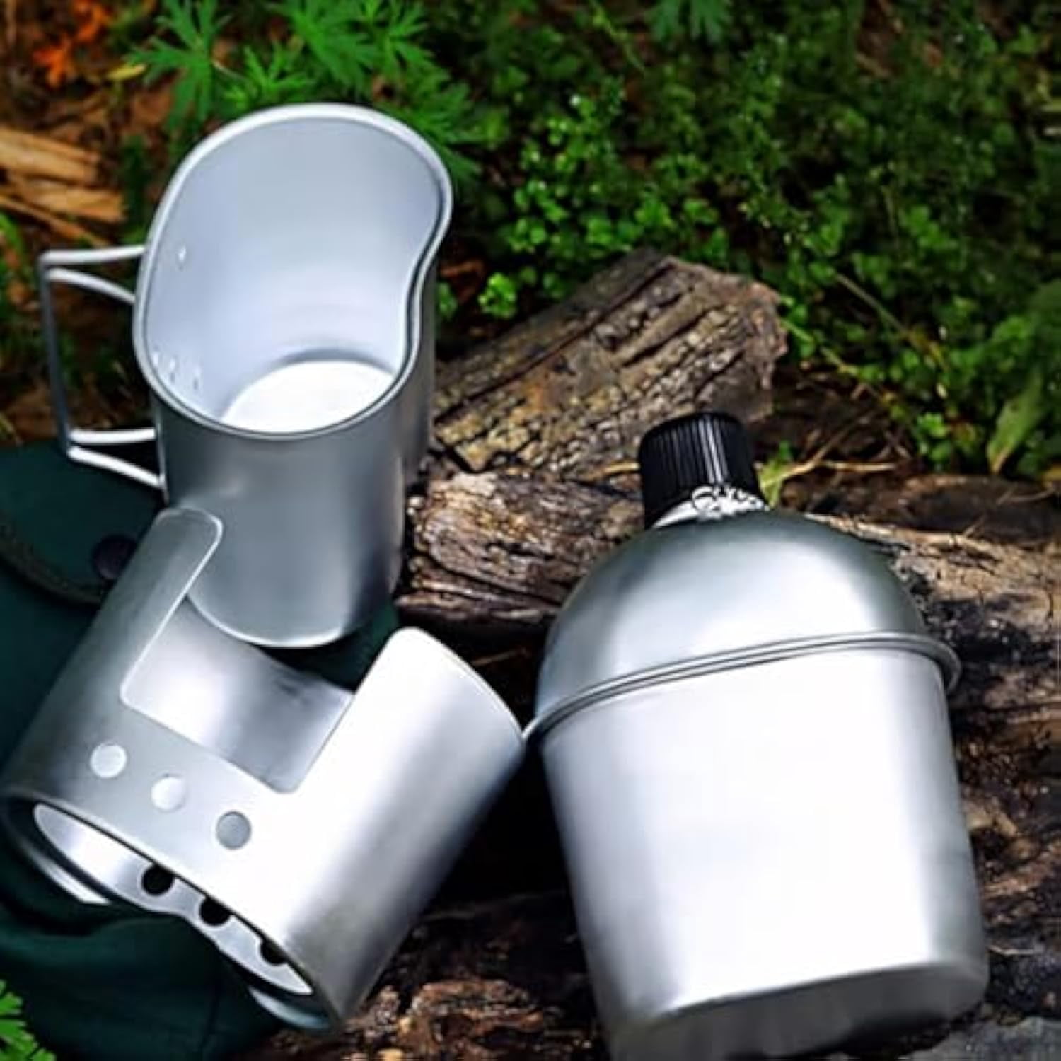 Military Canteen Set of 4, Canteen Cup Stove Pouch Kit, Aluminum Water Bottle with Mess Kit, Portable Survival Gear for Camping Hiking Hunting Backpacking Outdoor Use(2Set)