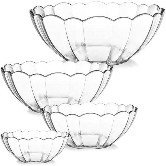 4 Pack Clear Serving Bowls, Acrylic Salad Mixing Bowls, Party Snack or Chip Bowl, Break-Resistant Disposable Catering Bowls Punch Bowl for Entertain, Fruit, Vegies, 4 Sizes, Flower-Shape
