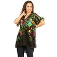 thumbnail image 4 of Sakkas Eli Women's Casual V neck Swing Ruffle Short Sleeve Top Blouse Tunic Floral - 588-Black - L/XL, 4 of 5