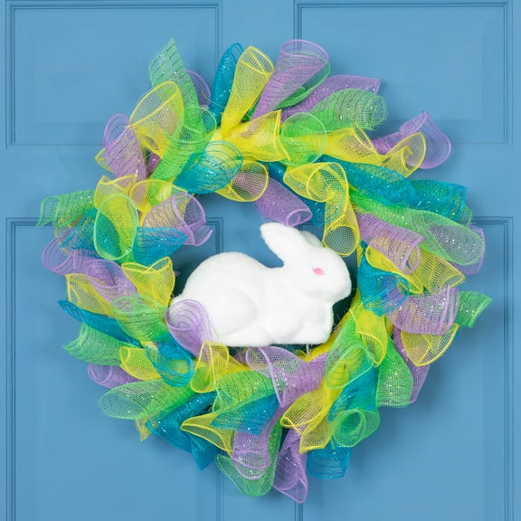 Northlight Pastel Deco Mesh Ribbon Easter Bunny Wreath - 24"