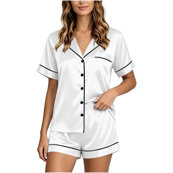 Wlynlyn Satin Pajamas for Women Short Sleeve Button down Shirts 2 Piece Pjs Shorts Set Sleepwear Soft Lopungewear(White,X-Large)