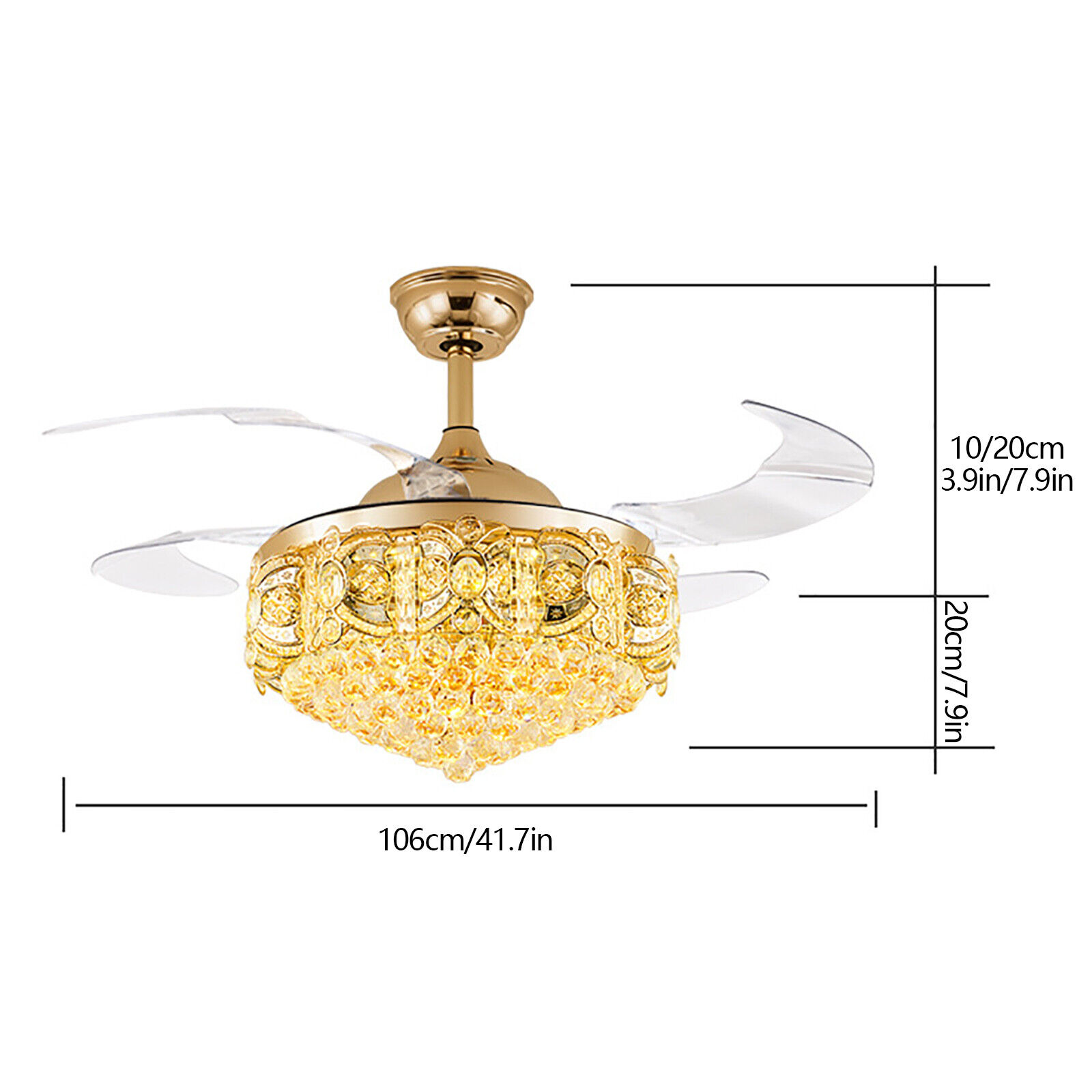 Modern 42" Crystal LED Invisible Ceiling Fan Chandelier Lamp Light Led Lighting W/Remote Gold for 8-25㎡, Living Room, Ding Room, Bedroom