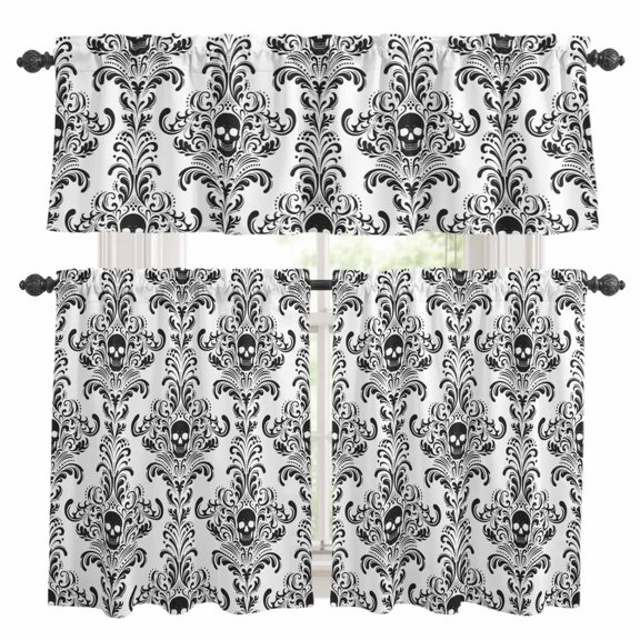 Halloween Horrible Skull Kitchen Curtains Sets for Windows 24 Inch Length, Black White Flowers Skeleton Art Rod Pocket Window Treatments Tier Curtains and Valances Set for Bedroom/Bathroom