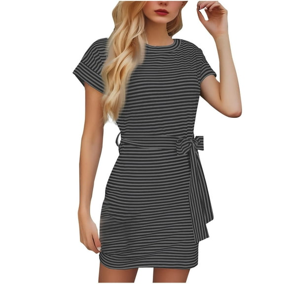 Mgmyaa Womens Summer Short Sleeve Striped T Shirt Dresses Casual Mini Dresses Crewneck Tie Waist Travel Dress