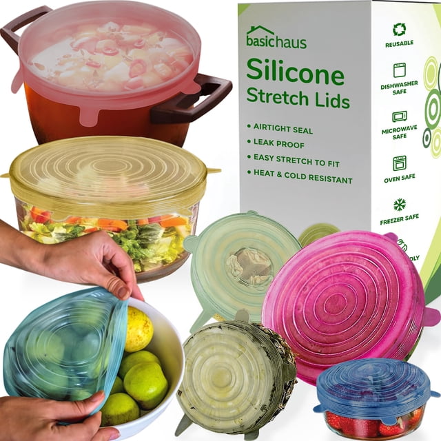 Juego de 7 piezas con tapas elásticas Basic Haus, reutilizables, multicolores, de silicona