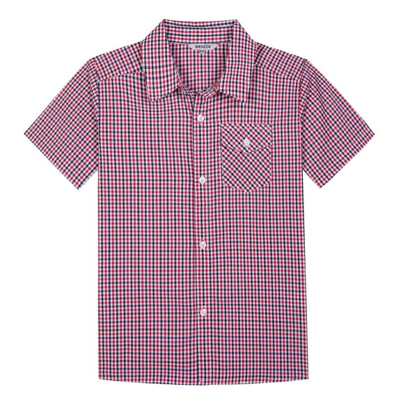 Bienzoe Boy's Cotton Plaid Button Down Short Sleeve Shirt Red 5/6