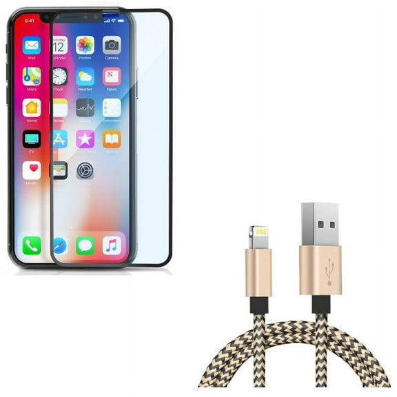 iPhone XS/X - Anti-Glare Screen Protector w 3ft USB Cable - Tempered Glass Matte 3D Curved Edge Anti-Fingerprint Case Friendly, Charger Cord Power Wire Sync Braided
