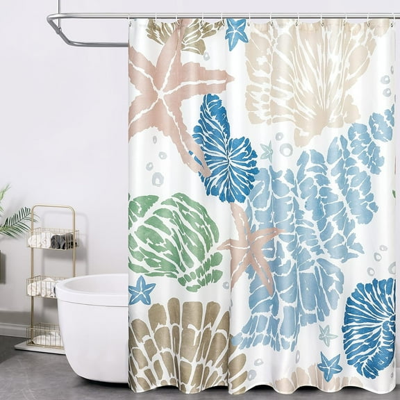 Shower Curtain Nautical Coastal Shower Curtain 72 x 72 Inch Starfish Seashell Beach Pattern Shower Curtain for Bathroom Décor Water Repellent Ocean Shower Curtain with 12 Hooks 1 Panel