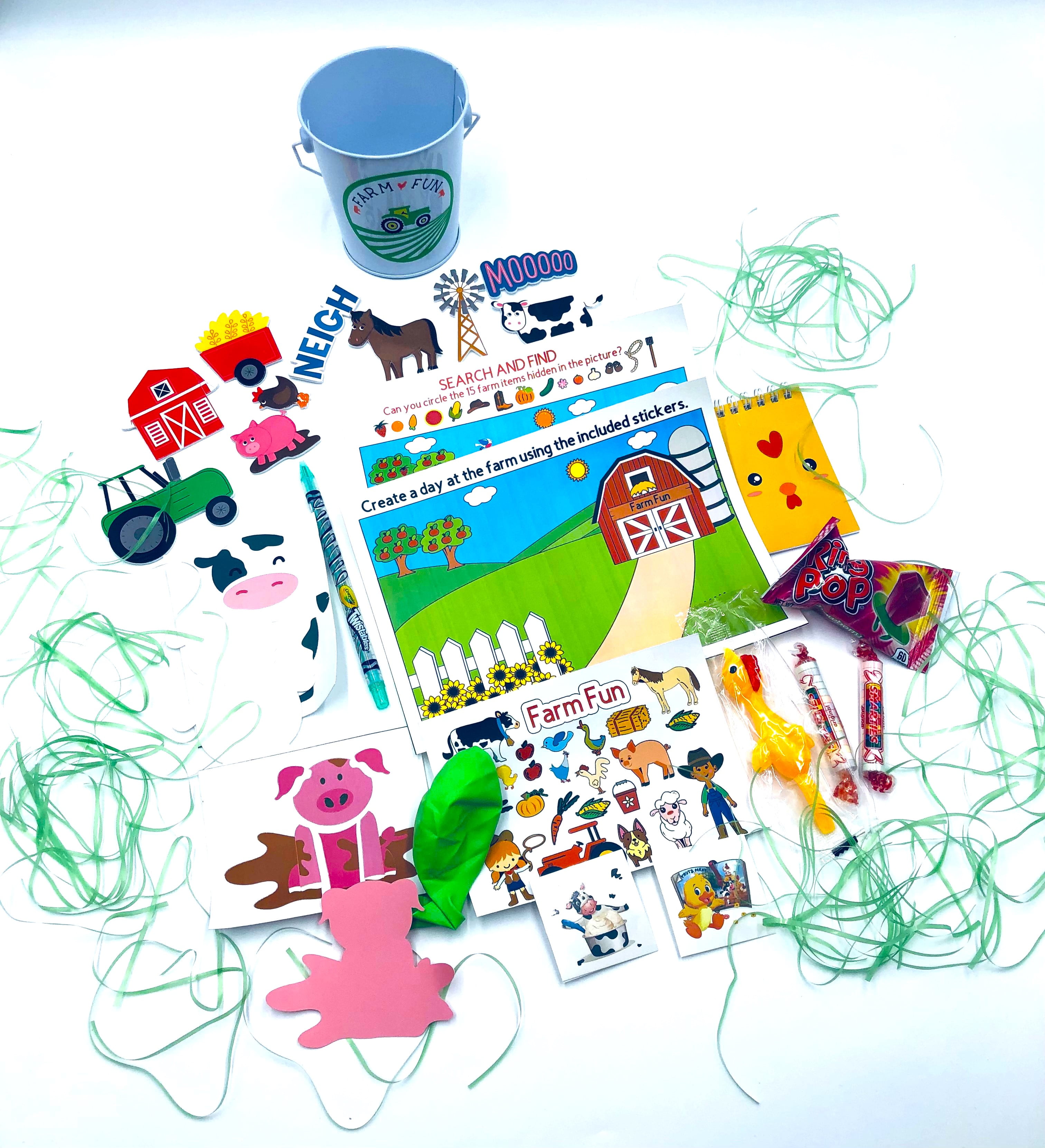 Timeless Desserts Farm Fun Gift Basket, Birthday, Party Favor, Stickers, Cow, Pig, Animals