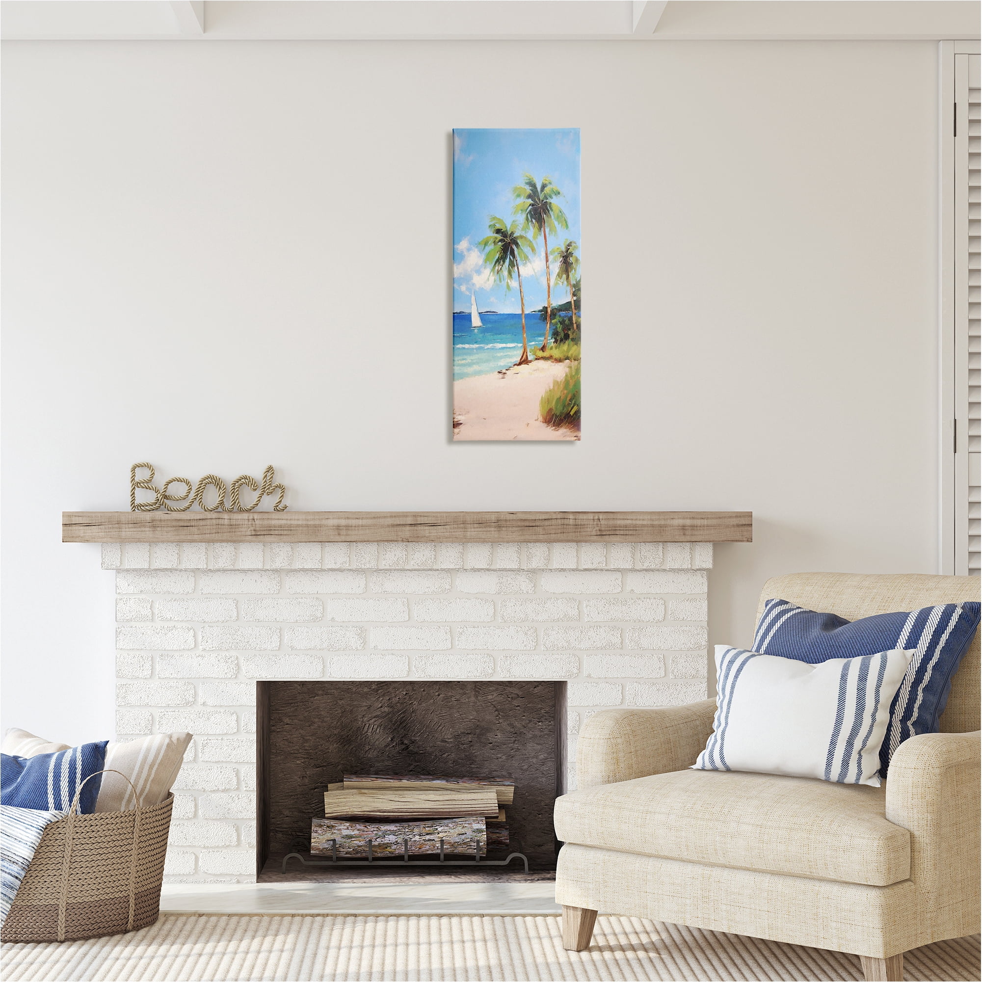 Stupell Industries Palm Trees & Sailboat Landscape Painting Gallery Wrapped Canvas Art Print Wall Art, 13 x 30