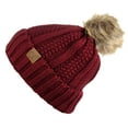 thumbnail image 2 of C.C Thick Cable Knit Faux Fuzzy Fur Pom Fleece Lined Skull Cap Cuff Beanie, Burgundy, 2 of 4