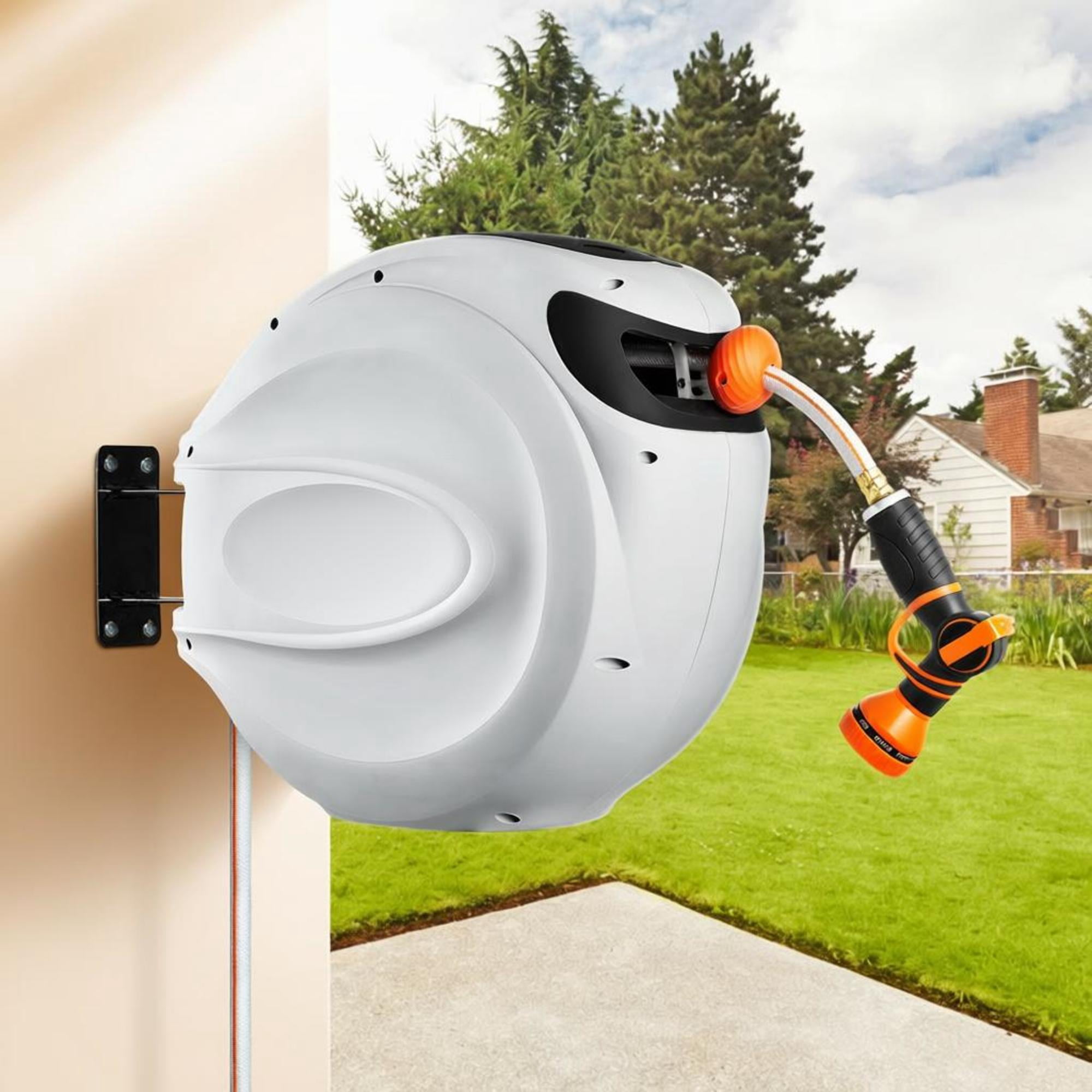Retractable Garden Hose Reel, 100 ft x 1/2 Inch, with 9-Pattern Nozzle, Automatic Rewind, Wall Mounted
