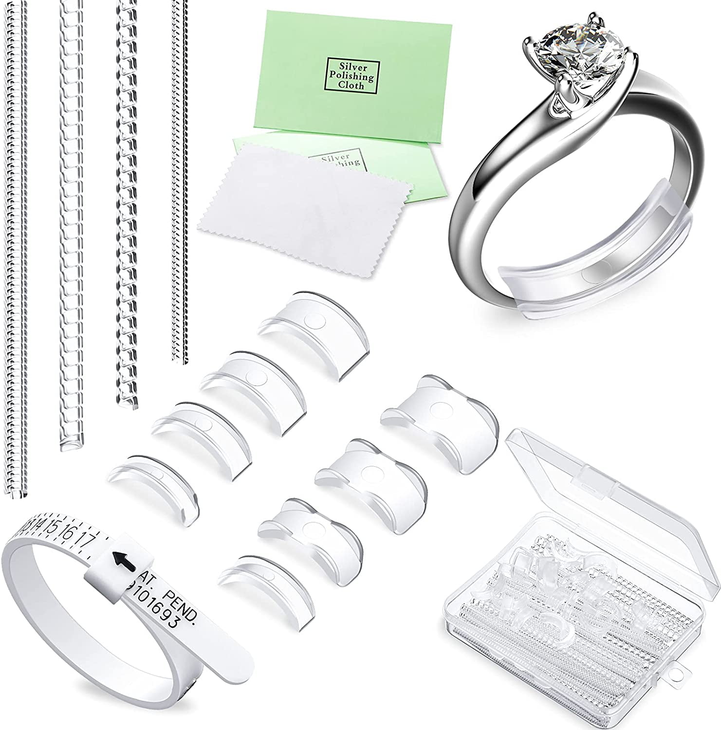 Ring Size Adjusters Set for Loosing Rings in 2 Styles, 12 Sizes, Ring Size  Reducer Spacer Ring Guard Ring Resizer Tightener with Ring Sizer Measuring  Belt, Jewelry Cloth and Organizer (64 Pieces) 