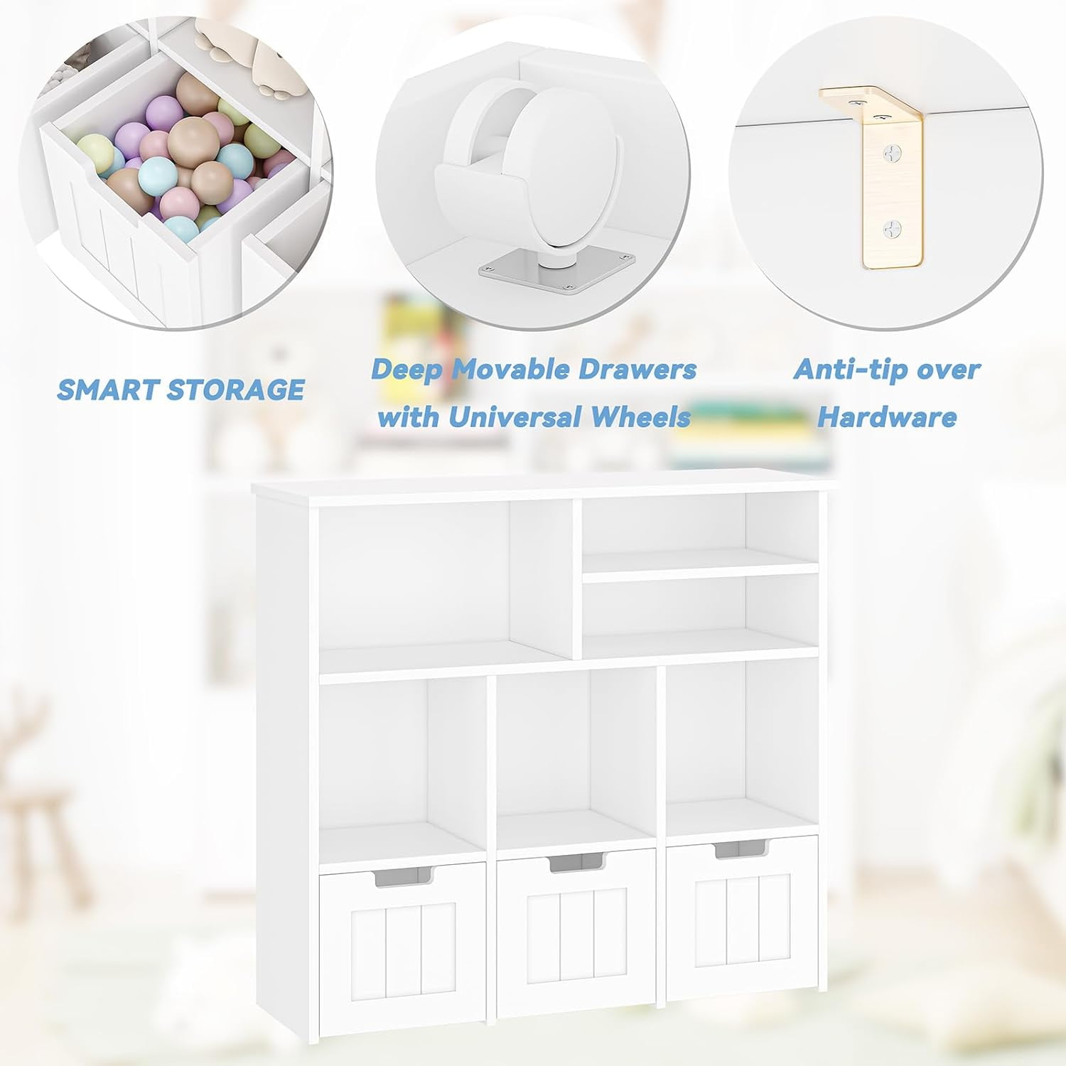 Kids Toy Storage Organizer With 3 Drawers & 5 Cubbies - White Playroom Cabinet