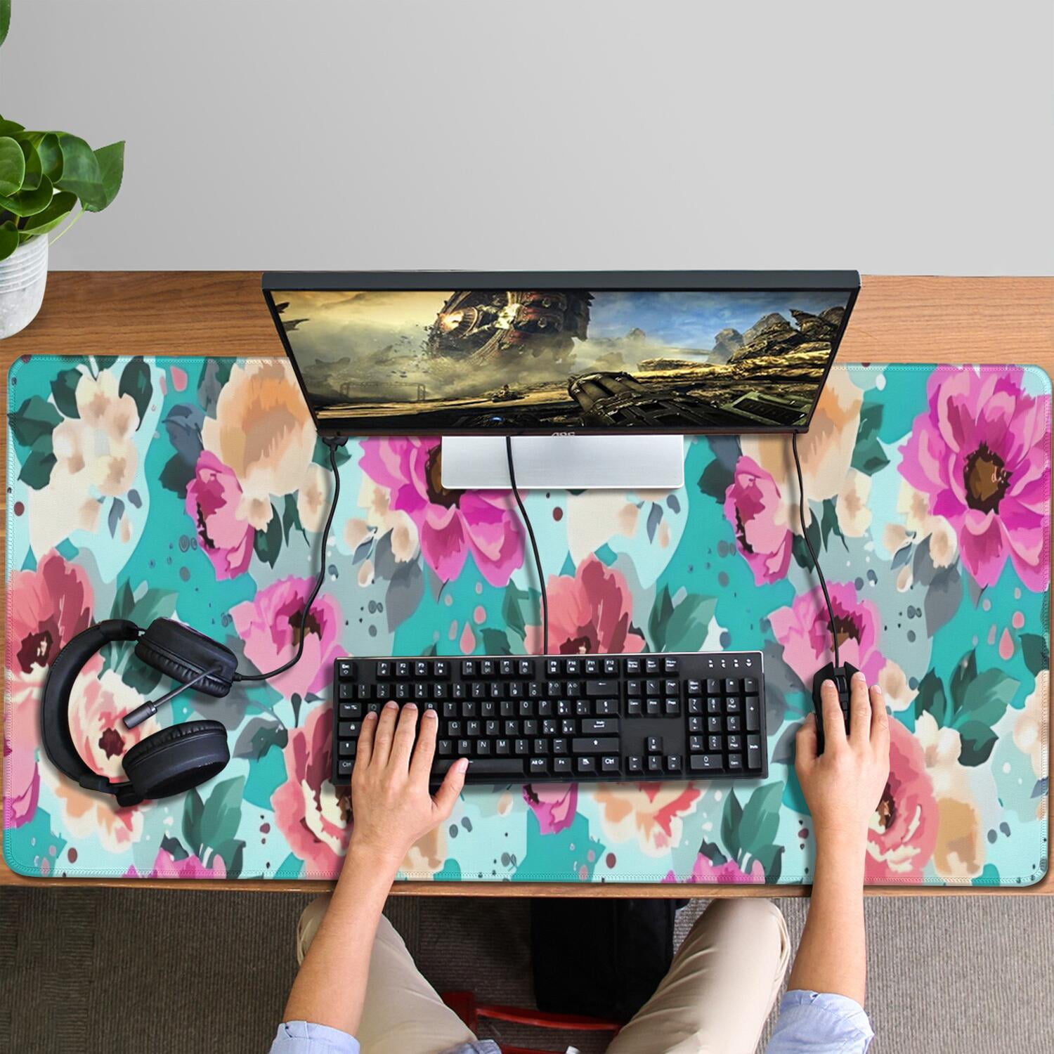 Long Mouse Pads for Desk,Pioneer Flower Floral Print Pattern Desk Mats on Top Of Desks, Desk Mouse Pad Extra Large with 3mm Non-Slip Base and Stitched Edge for Gaming,Office,Work,Home 47.3"x23.6"