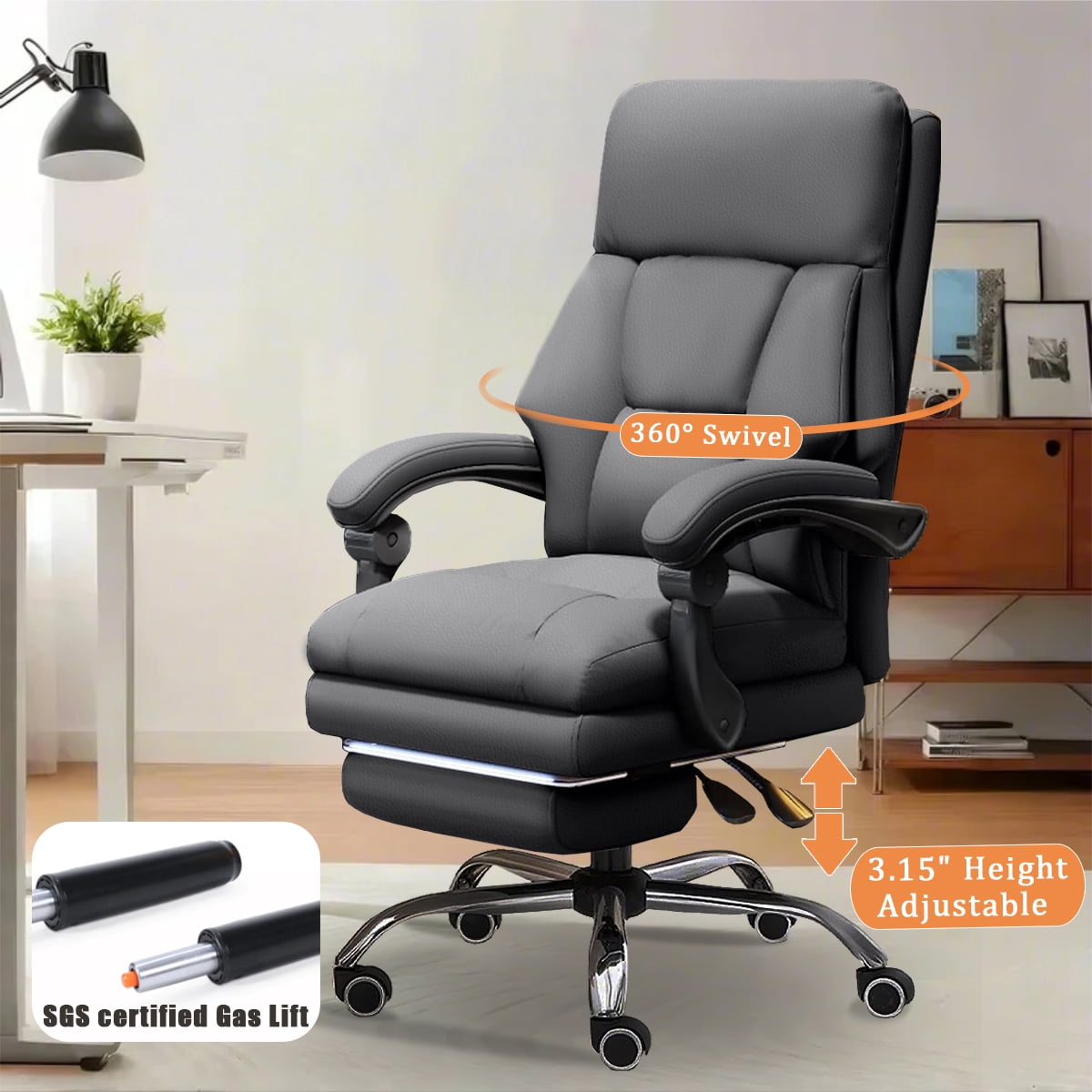 XUEGW Executive Office Chair Comfortable Desk Chairs with Foot Rest High Back Computer Gaming Chairs Reclining PU Leather Work Chair for Home Office,Gray