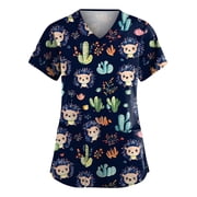 Women's Print Short Sleeve Scrub Top, V‑Neck Pockets Loose Breathable Polyester‑Spandex Nurse Workwear