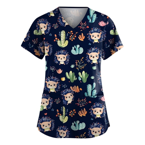 Plus Size Nursing-Scrubs For Women, Animal Print Scrub Tops Women Breathable Workwear Scrubs Loose Fit Shirts V-Neck With Pockets Pink Nurses Dress Dresses Summer 2026 Blue