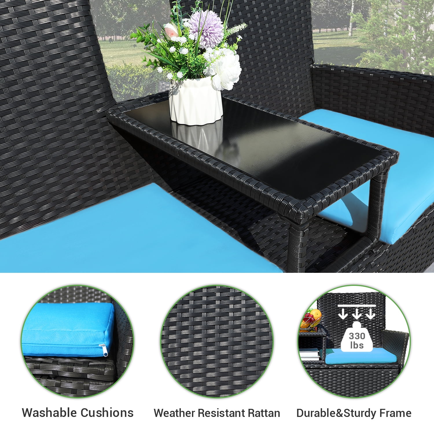 Devoko Outdoor Patio Loveseat Rattan Patio Conversation Furniture Set with Coffee Table, Blue