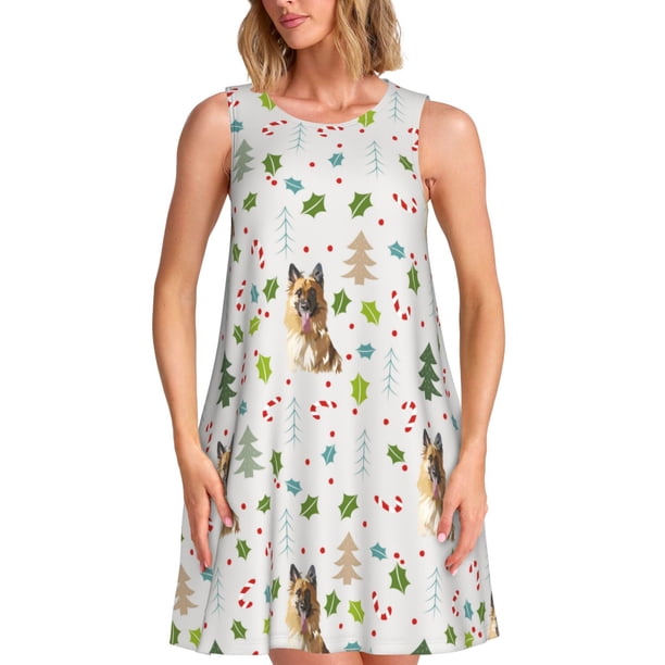 Fotbe German Shepherd Dog Vestido de Verano sin Mangas para Mujer – Vestido Midi Línea A, Estilo Camiseta Floral, Vestido Playero Casual y Fluido