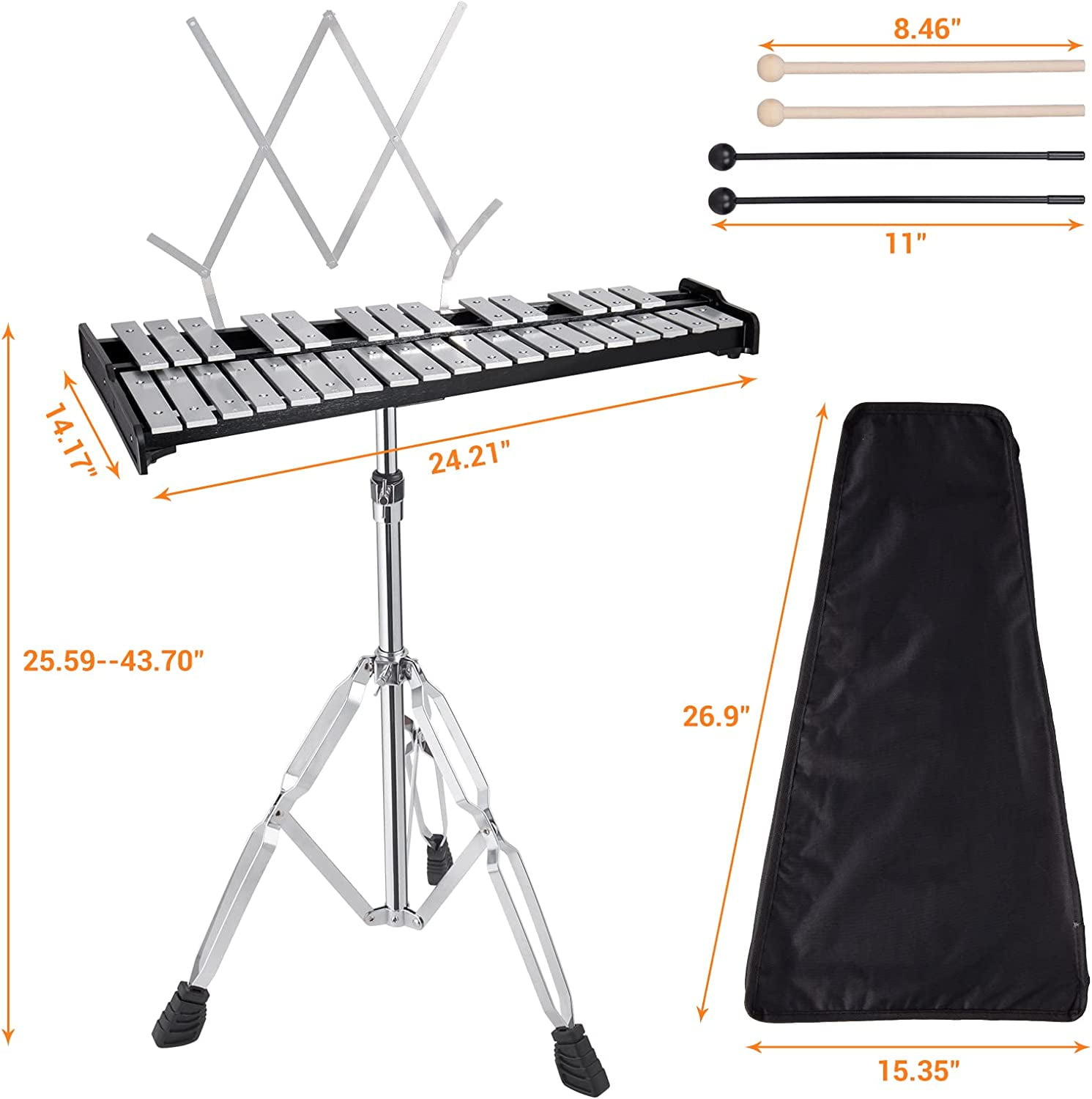 Datingday 32 Notes Glockenspiel with Adjustable Height Stand, Aluminum Xylophone for Adult,Glockenspiels Xylophone Bell Kit,Xylophones Instrument Kit with Music Stand,Mallets and Carrying Bag