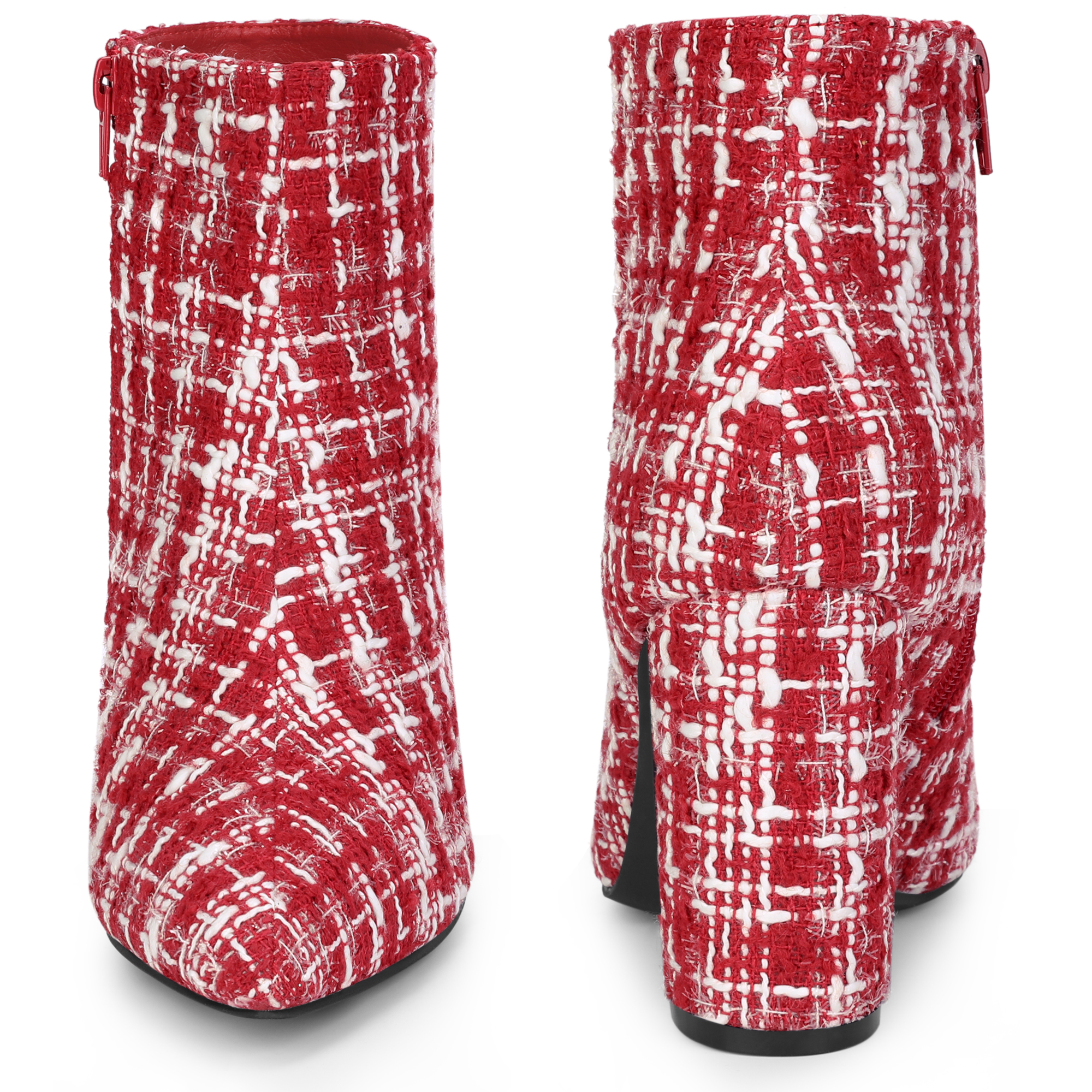 DARING DIVA Tweed Ankle Boot Pointy Toe Chunky Heel Plaid Boots Red 7