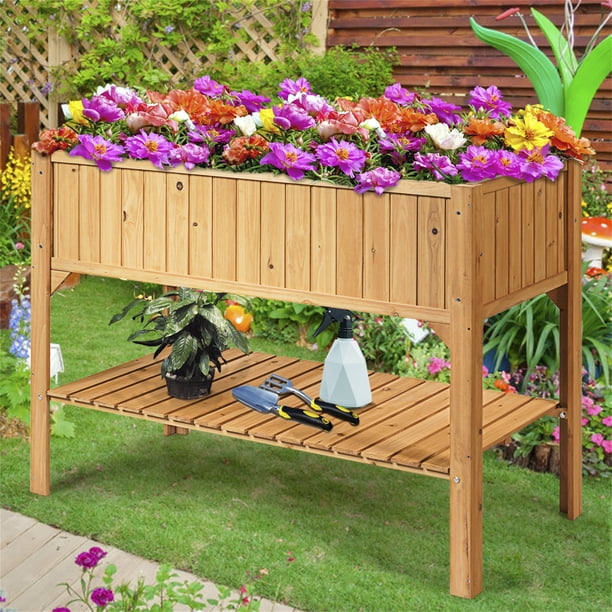 Costway Jardinera de Madera Maceta de Abeto Tiesto Grande con Estante y Soporte Al Aire Libre 119 x 57 x 90 cm