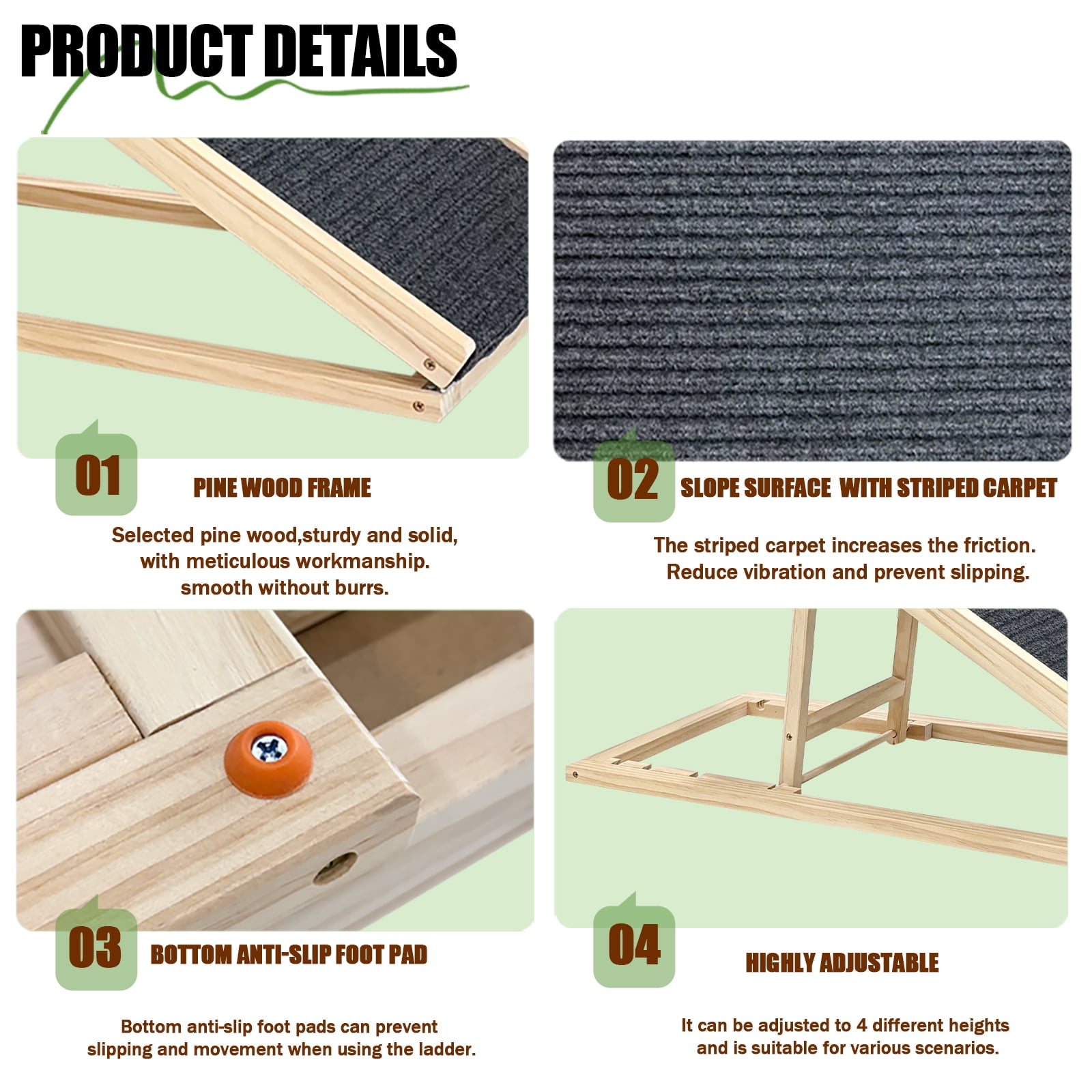 TrumanPick Wooden Dog Ramp for High Beds and Couch, 4 Adjustable Heights (16.34" to 22.44"), 80 lbs Capacity Foldable Pet Ramp with High-Traction Grooved Carpet, Portable Non-Slip Ramp for Dogs