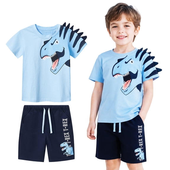 HILEELANG Toddler Dino Themed Cotton Short Sets - Blue Dinosaur Tee with Plaid Shorts for 18M-8Years