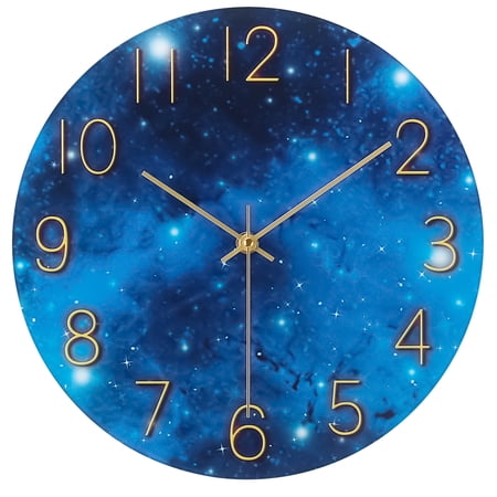 SoildPal 12 Inch Galaxy Pattern Glass Wall Clock, Silent Non-Ticking Battery Operated for Home Office