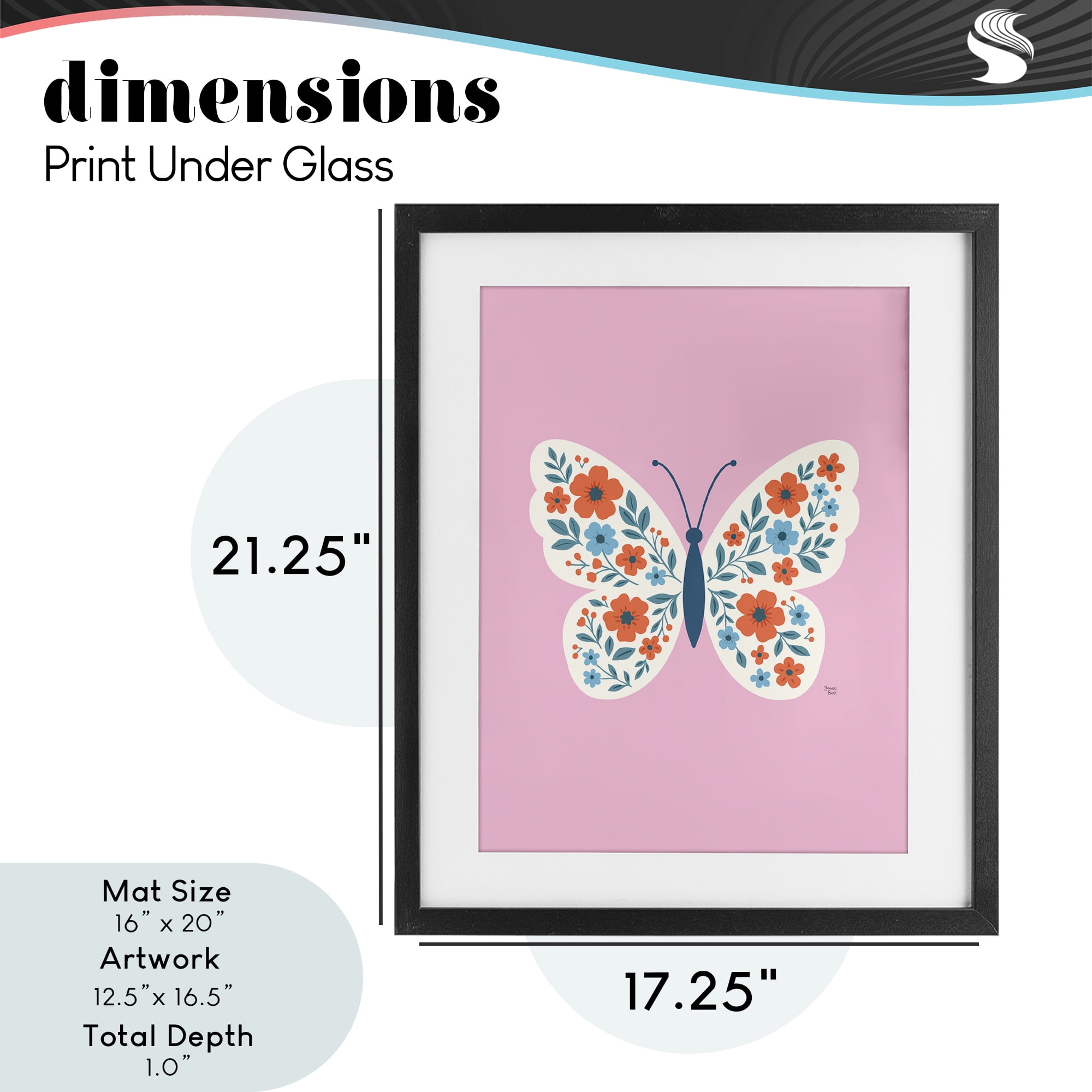 Boho Pink Floral Butterfly Black Framed Print Under Glass, design by Jessica Beck