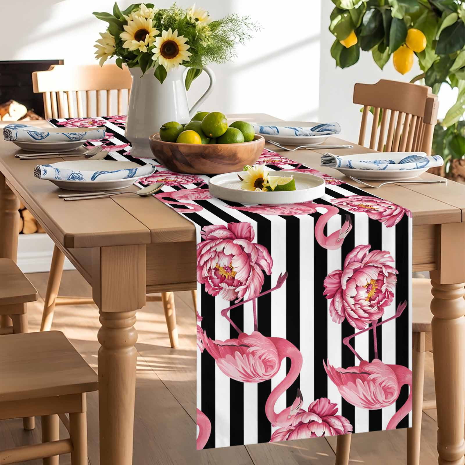 Tropical Pink Flamingo Flower Table Runner 90 Inches Long, White Black Modern Stripe Table Runners Tabletop Scarf Kitchen Dining Tables Decoration for Home Party Indoor Outdoor