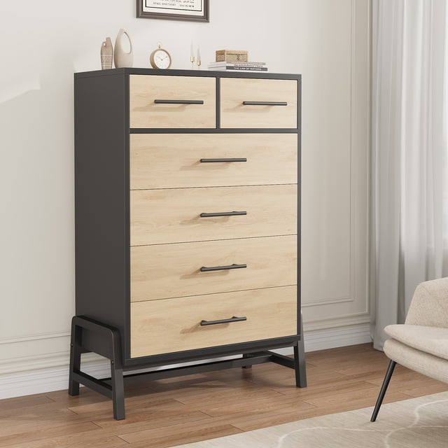 Memoryfield Commode à 6 Tiroirs, Commode en Bois pour Chambre et Garde-Robe, Naturel&Noir