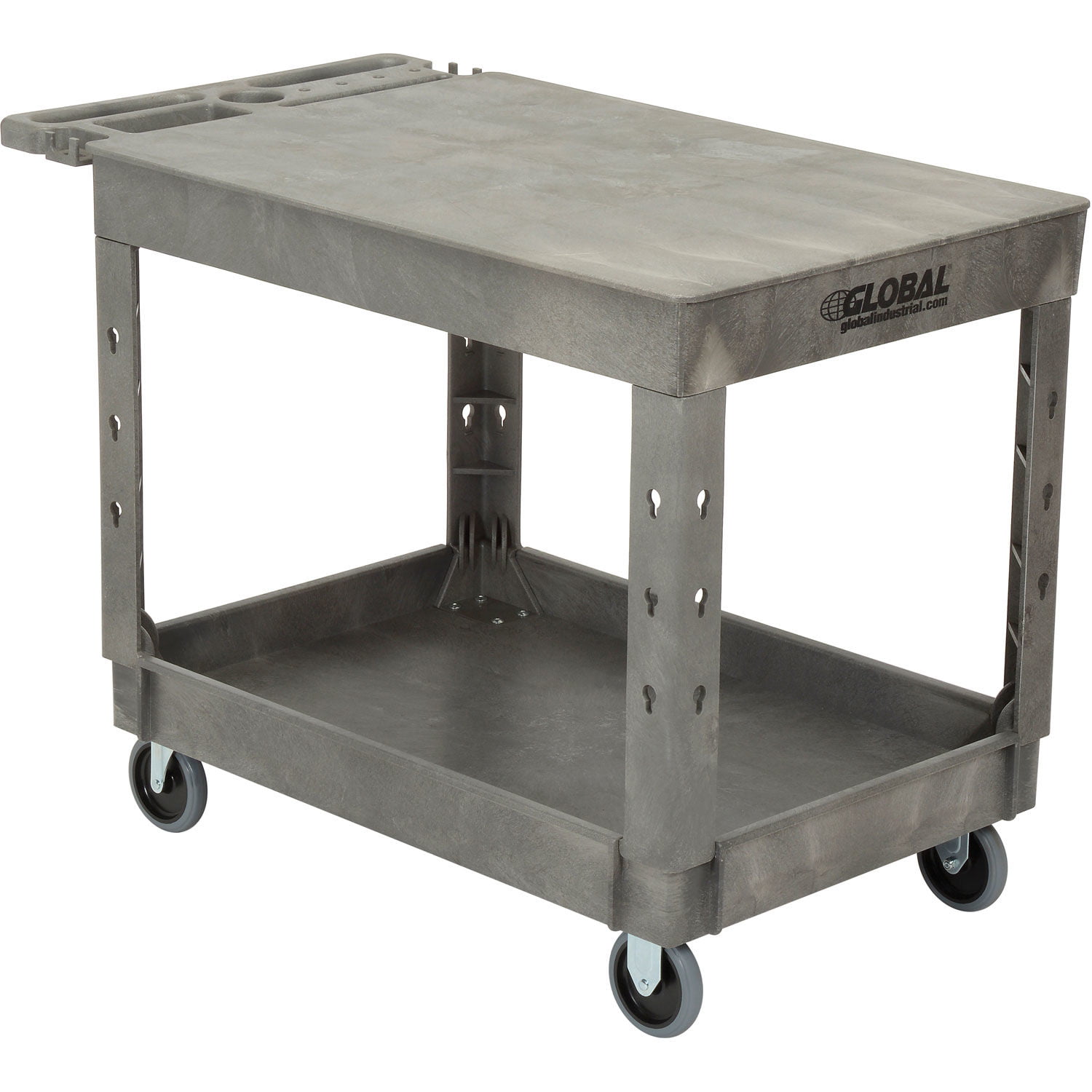 5" Rubber Caster, 44” x 25-1/2” Plastic 2 Flat Shelf Service & Utility Cart 