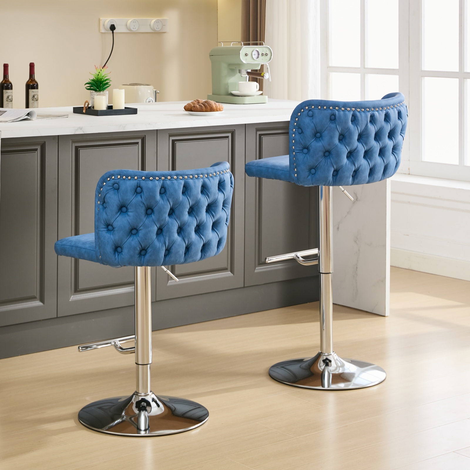 MAYEERTY Swivel Barstools - Adjustable Seat Height, Chrome Base, PU Upholstery, Full Tufted Back, Blue, Set of 2