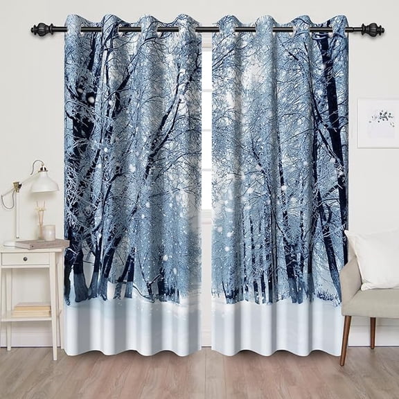 Winter Window Curtains For Bedroom Living Room Snow Season Freeze Forest Landscape Darkening Window Drapes Cold Weather Woodland Scenery Grommets Curtains 53"W x 96"L (Pack of 2)